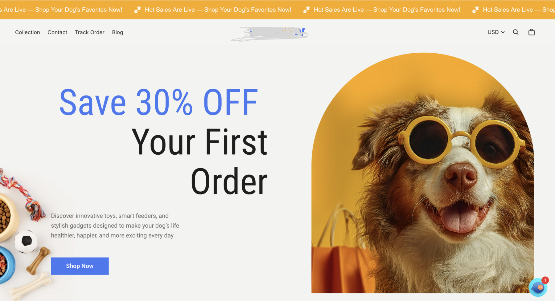 Главная страница магазина товаров для собак на Shopify: оффер со скидкой 30% на первый заказ