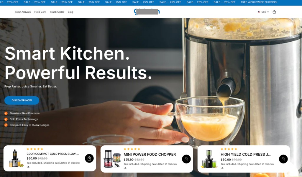 Главная страница Shopify-магазина кухонной техники: соковыжималки, измельчитель и продажа в USD