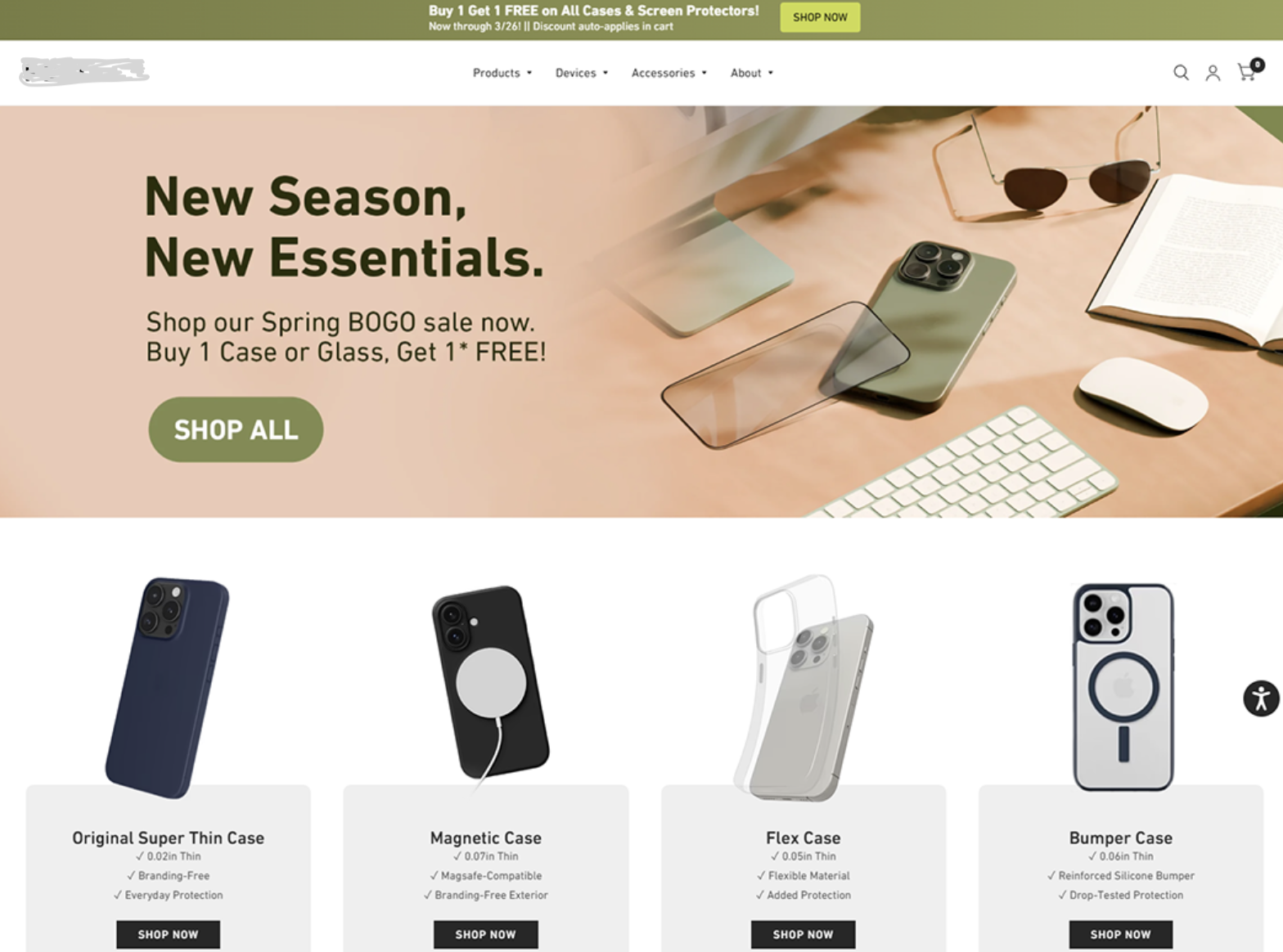 Главная страница магазина чехлов на Shopify: сезонный баннер и четыре линейки чехлов