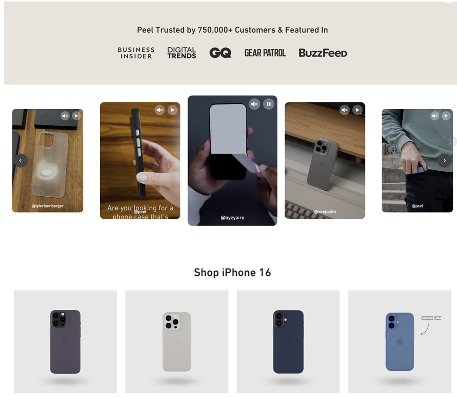 Блок доверия, карусель UGC-видео и каталог чехлов под конкретную модель iPhone