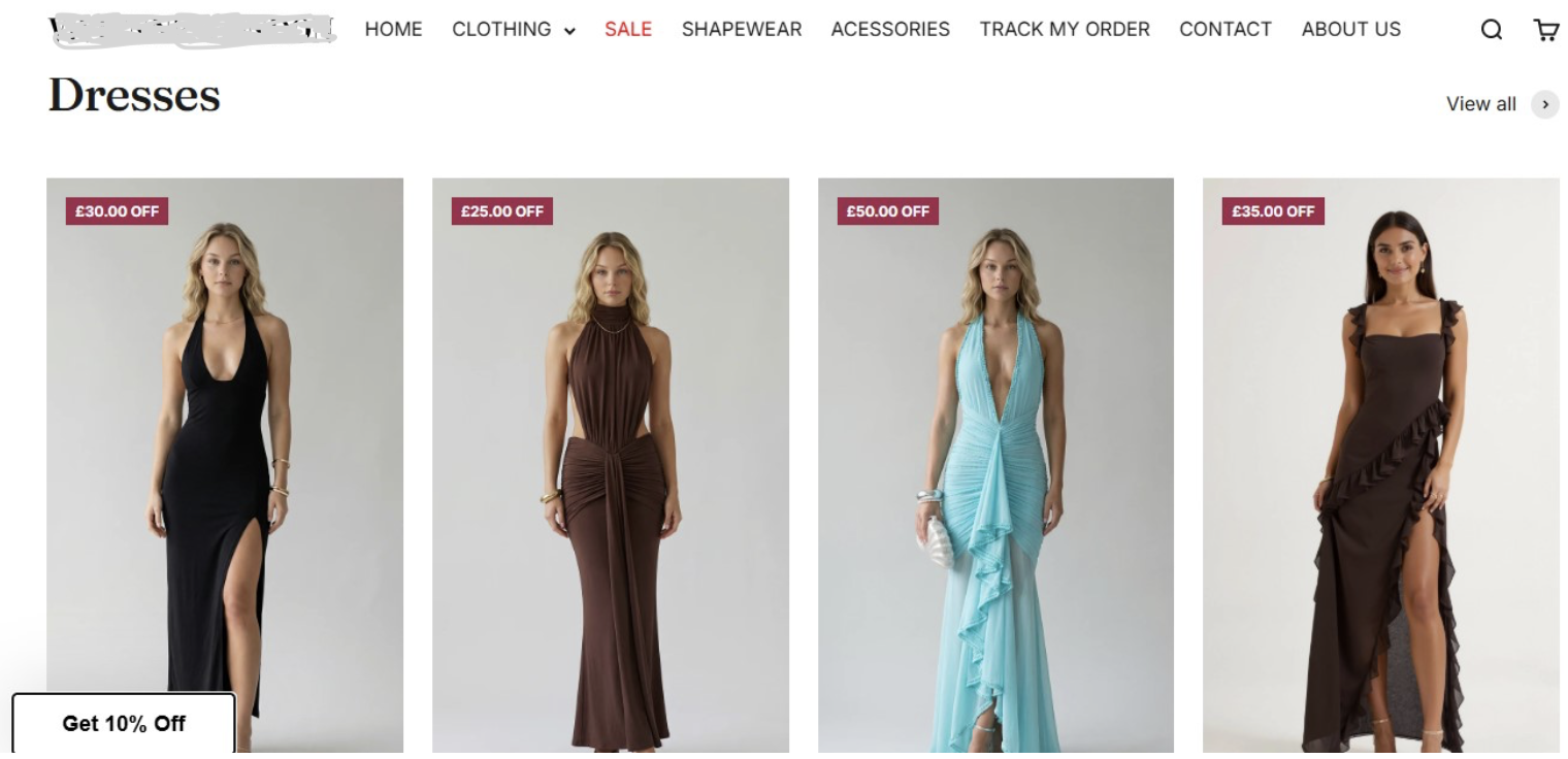 Каталог Dresses с ценами в фунтах и метками скидки