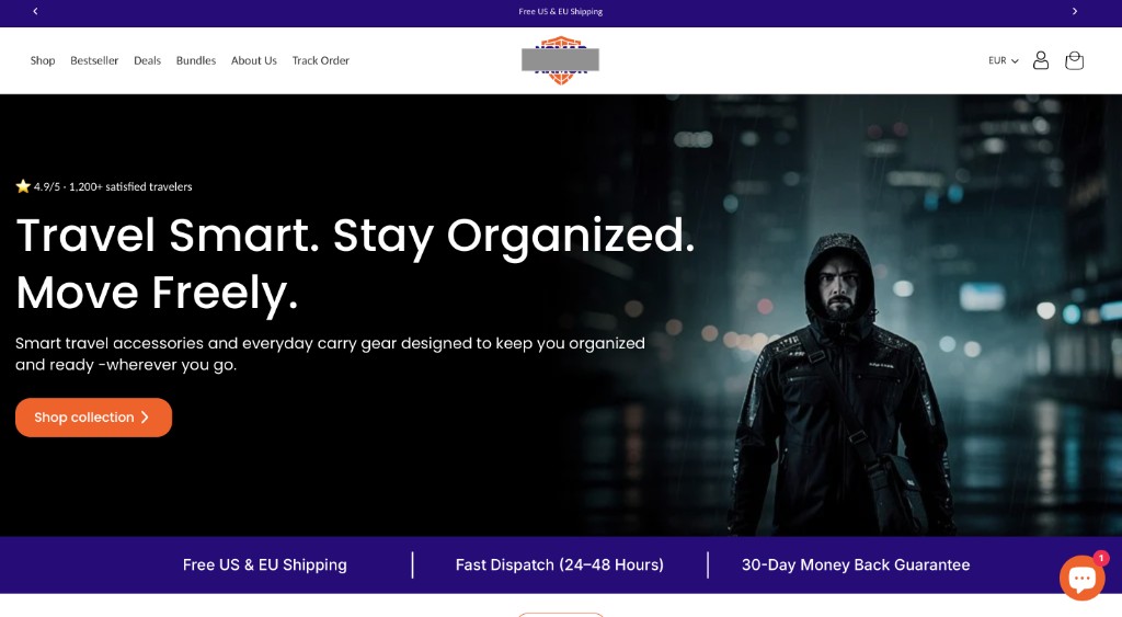 Пример дизайна Shopify — магазин товаров для путешествий