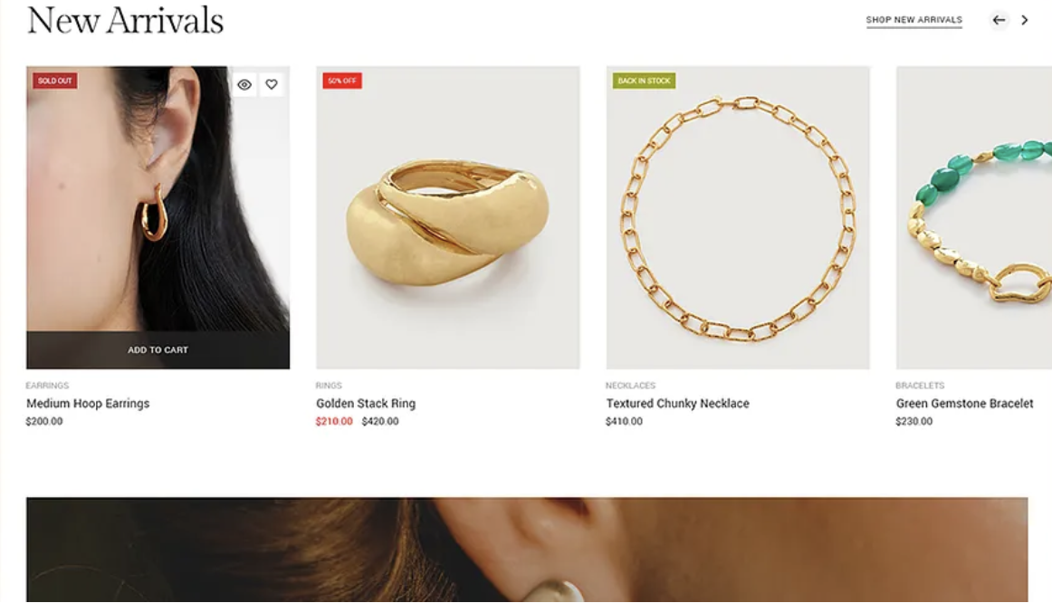 Каталог ювелирных изделий на Shopify - кольца, серьги, браслеты