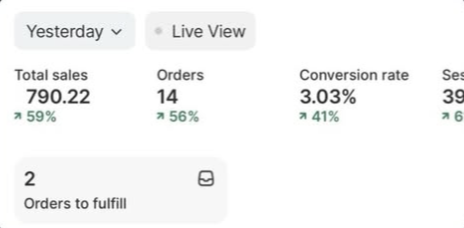 Статистика Shopify-магазина за день: 790 долларов продаж, 14 заказов и конверсия 3,03 процента