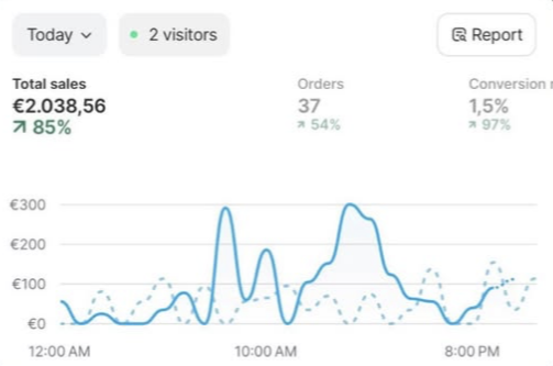 Статистика Shopify-магазина за день: 2 038 евро продаж и 37 заказов