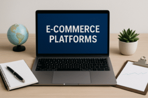 Ноутбук с надписью E-Commerce Platforms на экране, расположенный на рабочем столе рядом с глобусом, блокнотом и растением