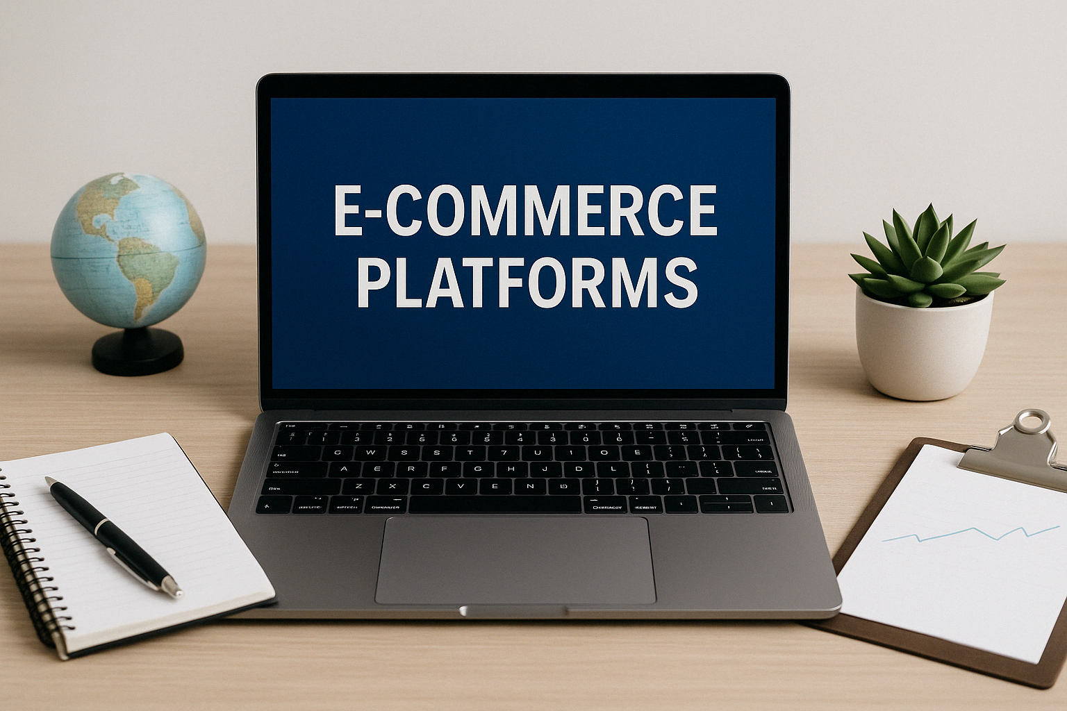 Ноутбук с надписью E-Commerce Platforms на экране, расположенный на рабочем столе рядом с глобусом, блокнотом и растением