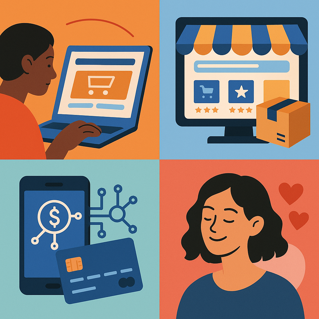 Иллюстрация, показывающая будущее e-commerce в 2025 году, разделенное на четыре части, каждая из которых изображает различные аспекты цифровой торговой среды: пользователь на платформе, маркетплейс, финансовые технологии и взаимодействие с покупателем.