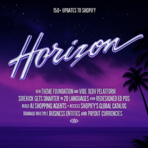 Обложка обновления Shopify Summer '25 с логотипом "Horizon" в неоновом стиле на фоне звёздного неба и пальм, с перечислением ключевых функций нового релиза.