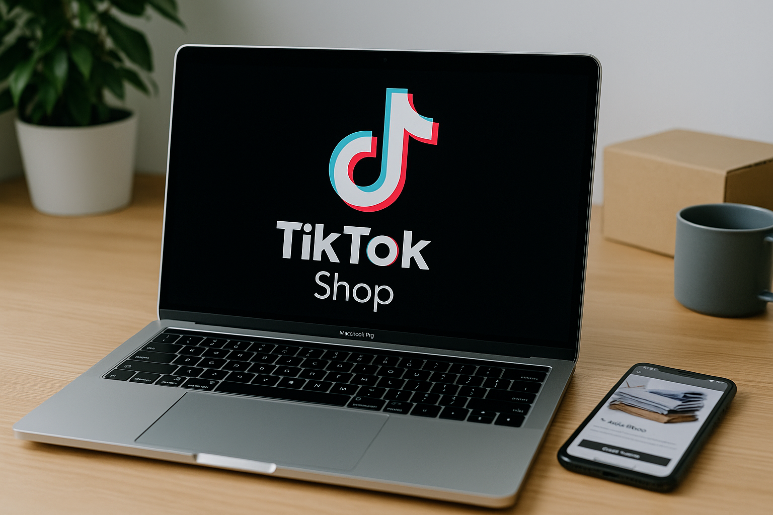 Рабочее место с ноутбуком и смартфоном, на экранах которых открыт TikTok Shop, символизируя современный подход к онлайн-продажам через видео и соцсети.