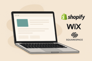 Иллюстрация ноутбука с сайтом на экране и логотипами Shopify, Wix и Squarespace сбоку.