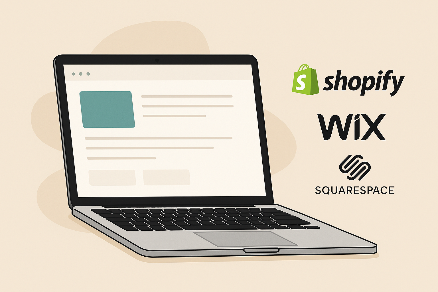 Иллюстрация ноутбука с сайтом на экране и логотипами Shopify, Wix и Squarespace сбоку.
