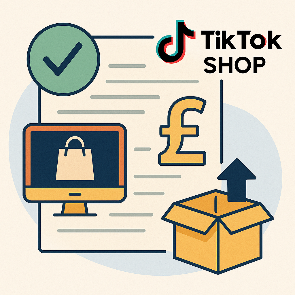 Иконки TikTok Shop, фунта стерлингов, интернет-магазина и коробки на фоне документа — визуальный символ запуска продаж из стран СНГ через TikTok Shop.