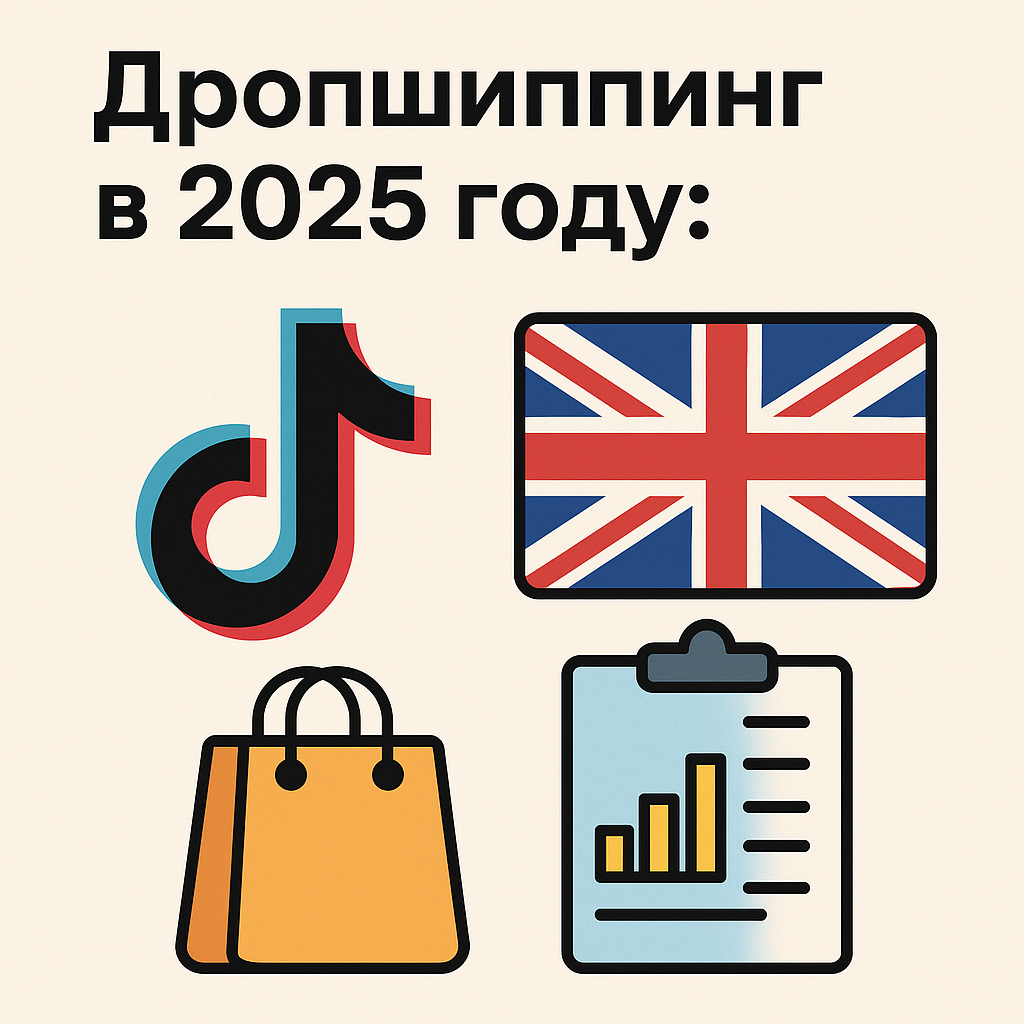 Иконки TikTok, британского флага, шопинг-пакета и отчётного документа на фоне заголовка "Дропшиппинг в 2025 году"