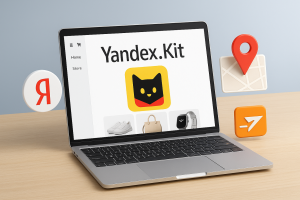 Ноутбук с интерфейсом Яндекс.Кит и иконками сервисов Яндекса на фоне — символ запуска интернет-магазина.