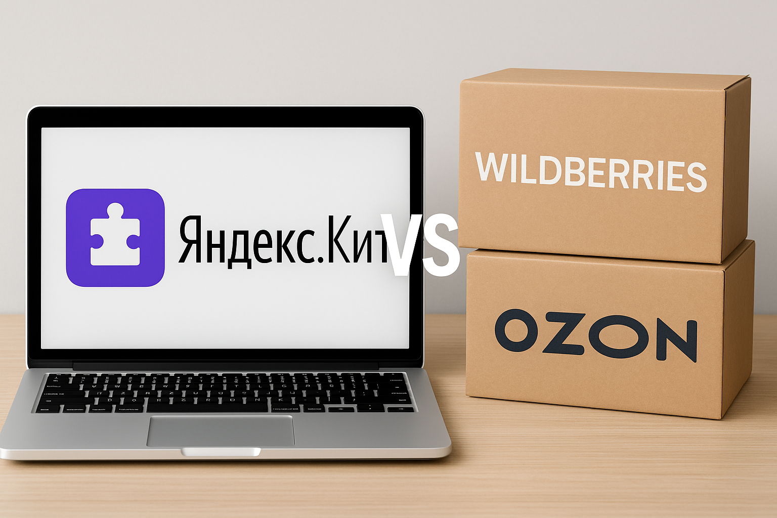 Сравнение Яндекс.Кит и маркетплейсов Wildberries и Ozon — ноутбук с логотипом Яндекс.Кит и коробки с логотипами WB и Ozon.