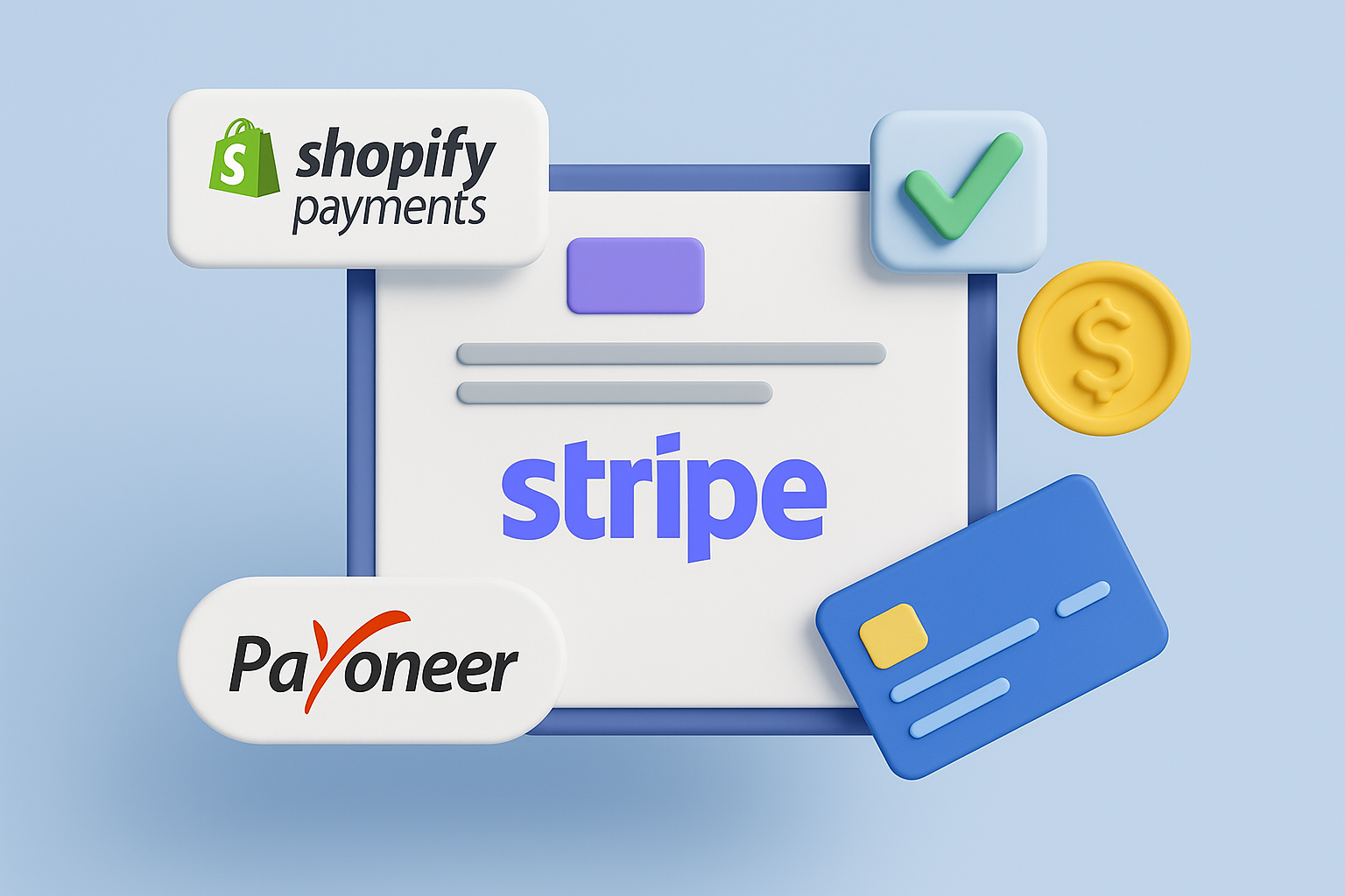 3D-рендер без текста: иконки Stripe, Shopify Payments, Payoneer, банковской карты и монеты, собранные в единую минималистичную композицию на светло-голубом фоне, символизирующую международные платежные системы.