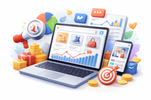 3D-иллюстрация продвижения интернет-магазина: ноутбук с витриной товаров, графики продаж и трафика, иконки рекламы и аналитики, смартфон и элементы e-commerce на светлом фоне.