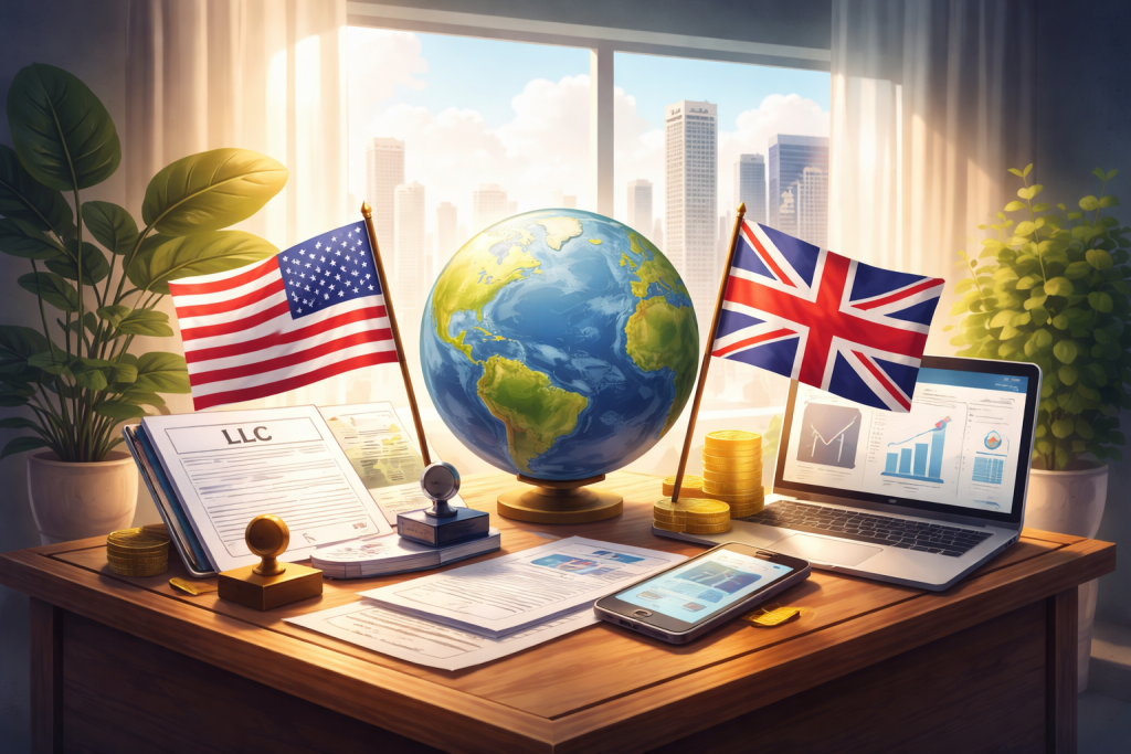 Иллюстрация: выбор юрисдикции для бизнеса в 2026 — США и Великобритания, глобус, документы LLC/LTD, ноутбук с графиками и монеты на рабочем столе