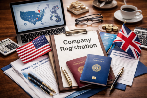 Рабочий стол с документами для регистрации компании, флагами США и Великобритании, паспортами и ноутбуком — символика открытия бизнеса в США или UK для нерезидентов.
