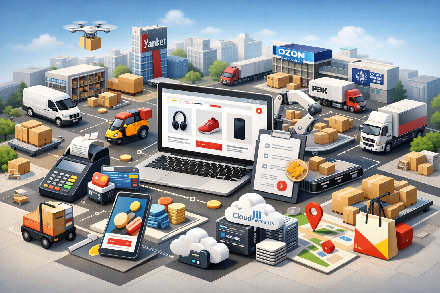 3D иллюстрация инфраструктуры интернет-магазина: сайт, платежный терминал, онлайн-касса, склад и курьерские службы доставки в экосистеме e-commerce