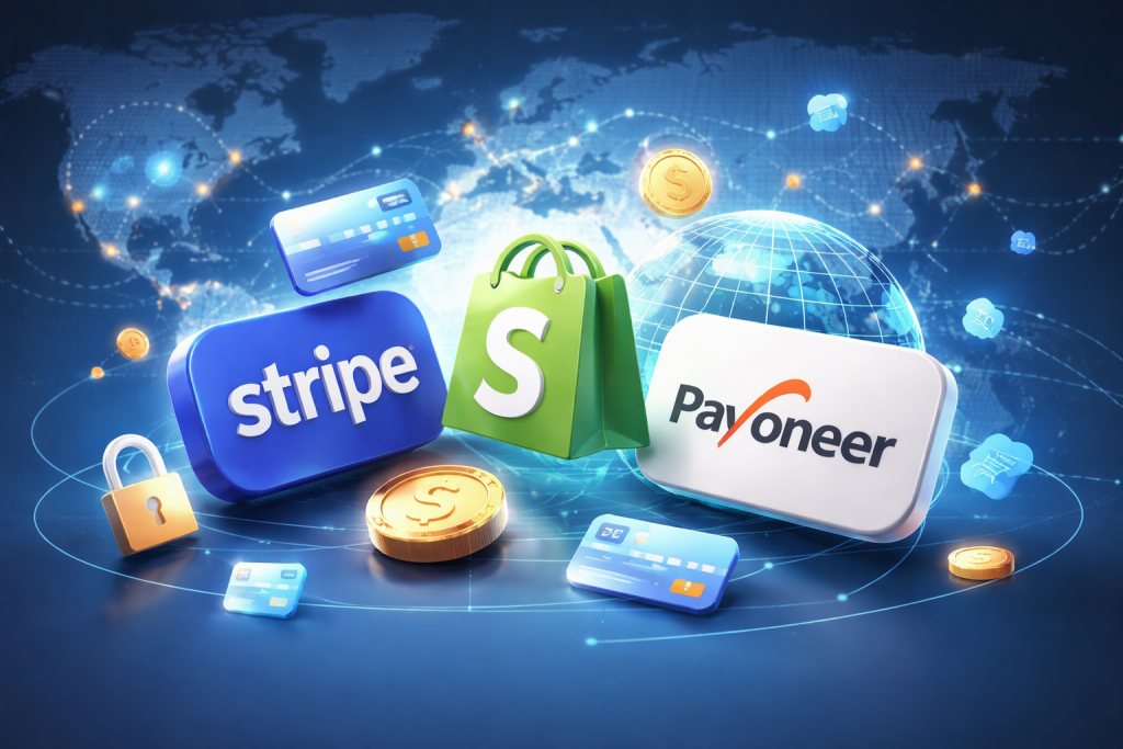 3D-иллюстрация на тему международных онлайн-платежей: символы Stripe, Shopify и Payoneer на фоне глобальной карты, цифровых линий связи, банковских карт и монет, передающие идею зарубежной платежной инфраструктуры для e-commerce.