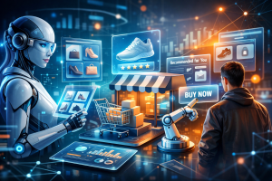 Футуристичная digital-иллюстрация на тему AI и e-commerce: робот-ассистент анализирует товары на экране, рядом виртуальный магазин, корзина, карточки рекомендаций и покупатель, взаимодействующий с цифровой витриной.