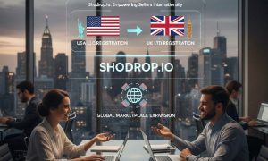 alt="Рекламное изображение Shodrop.io, показывающее услуги по международной регистрации компаний (США LLC в Великобританию LTD) для глобального расширения бизнеса, с двумя людьми, обсуждающими это в офисе."