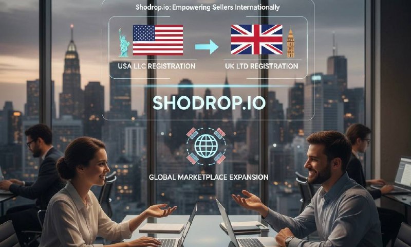alt="Рекламное изображение Shodrop.io, показывающее услуги по международной регистрации компаний (США LLC в Великобританию LTD) для глобального расширения бизнеса, с двумя людьми, обсуждающими это в офисе."