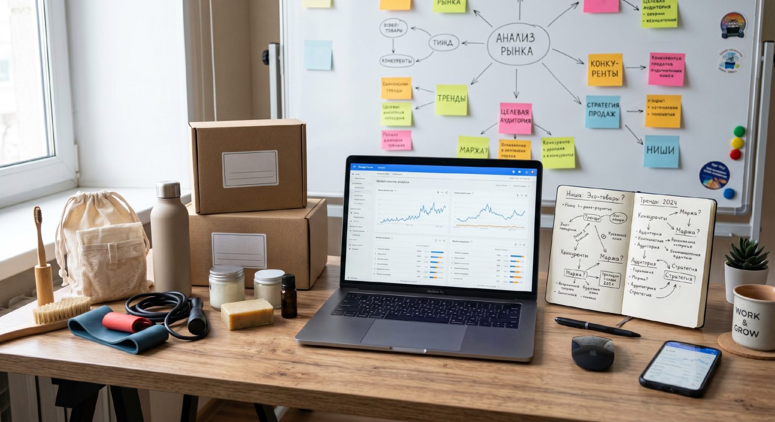 [ {"box_2d": [0, 11, 989, 988], "mask": "", "label": "a laptop with charts and graphs open, a notebook with a mind map, product boxes, and eco-friendly items on a wooden desk in front of a whiteboard with a market analysis diagram."} ]