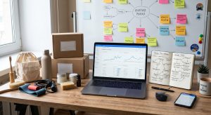 [ {"box_2d": [0, 11, 989, 988], "mask": "", "label": "a laptop with charts and graphs open, a notebook with a mind map, product boxes, and eco-friendly items on a wooden desk in front of a whiteboard with a market analysis diagram."} ]