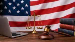 alt="Онлайн-консультация юриста в США: ноутбук и символы правосудия на фоне американского флага"