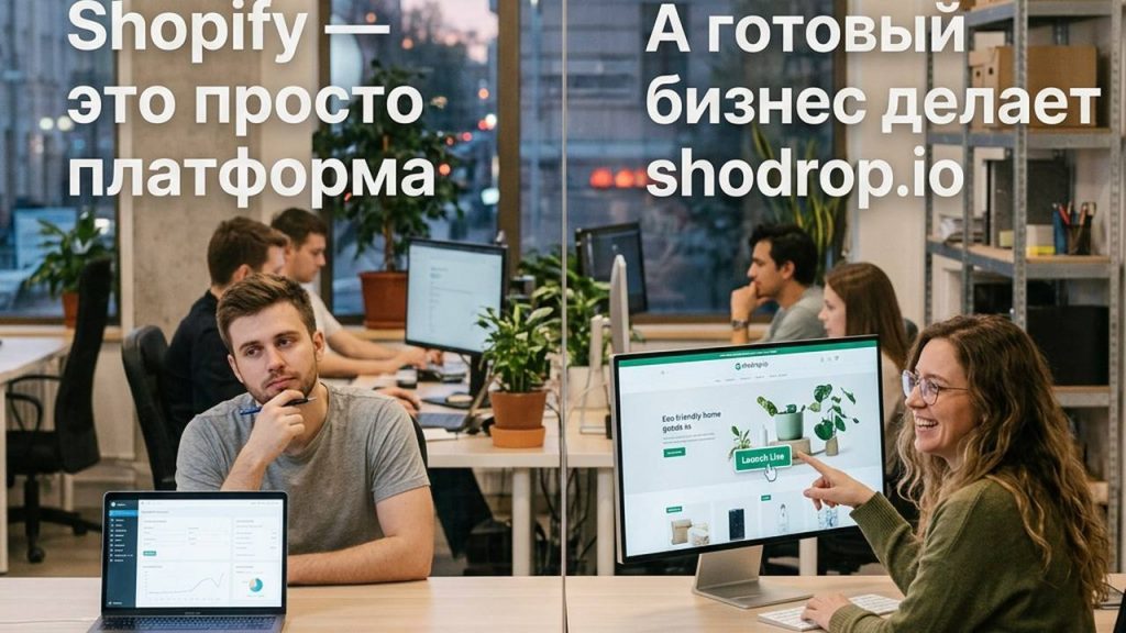 alt="Сравнение платформы Shopify и услуг Shodrop.io по созданию готового бизнеса в сфере электронной коммерции. Фото офиса с сотрудниками."