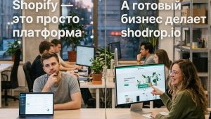 alt="Сравнение платформы Shopify и услуг Shodrop.io по созданию готового бизнеса в сфере электронной коммерции. Фото офиса с сотрудниками."
