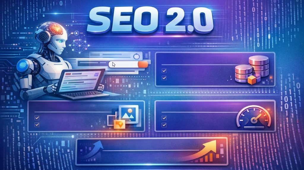 alt="Иллюстрация концепции SEO 2.0 с роботом, работающим за ноутбуком, и элементами цифровой аналитики"