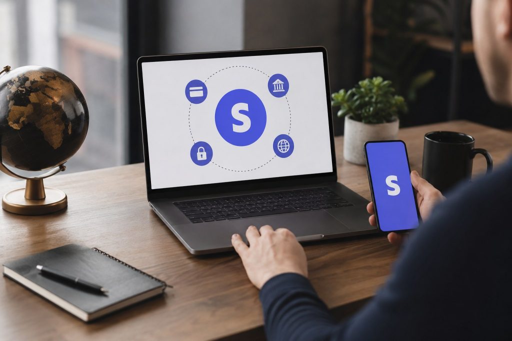 alt="Работа с финансовым приложением на ноутбуке и смартфоне"