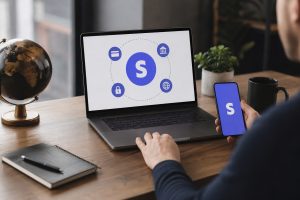 alt="Работа с финансовым приложением на ноутбуке и смартфоне"
